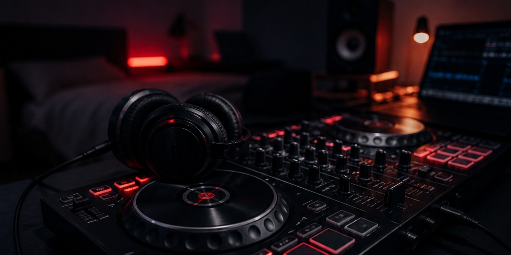 Домашний DJ сетап с контроллером и наушниками