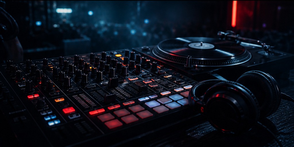 Профессиональный DJ микшер, пэды и наушники